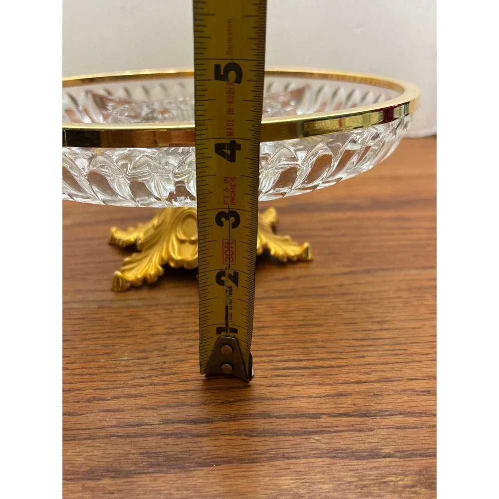 Vintage Cut Glass‎ 3 Section Candy Dish Gold Rim Ornate Footed Pedestal Base